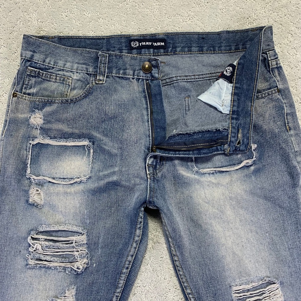 Y2k Phat Farm Jeans Mens 38x32 Blue Straight Blue Distressed Ripped Denim Grunge